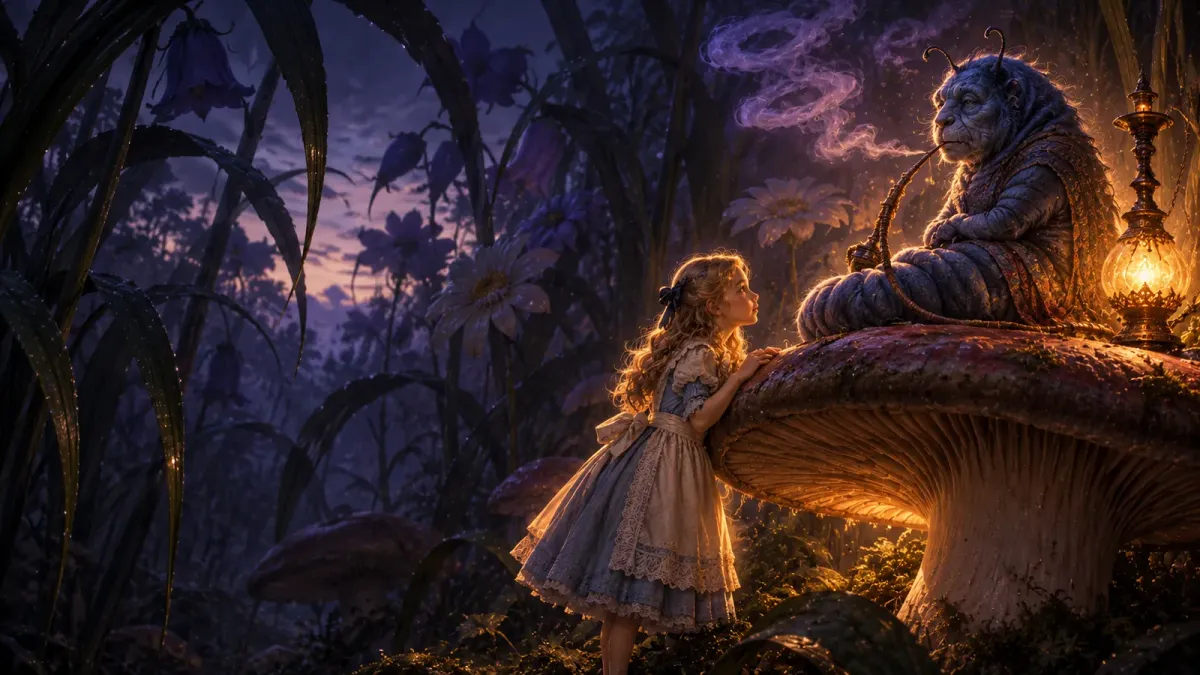 Kukkaa pienemmäksi kutistuneena jättiläisruohon metsässä Liisa nousee varpailleen kurkistaakseen sienen reunan yli suurta sinistä vesipiippua polttavaa Toukkaa.