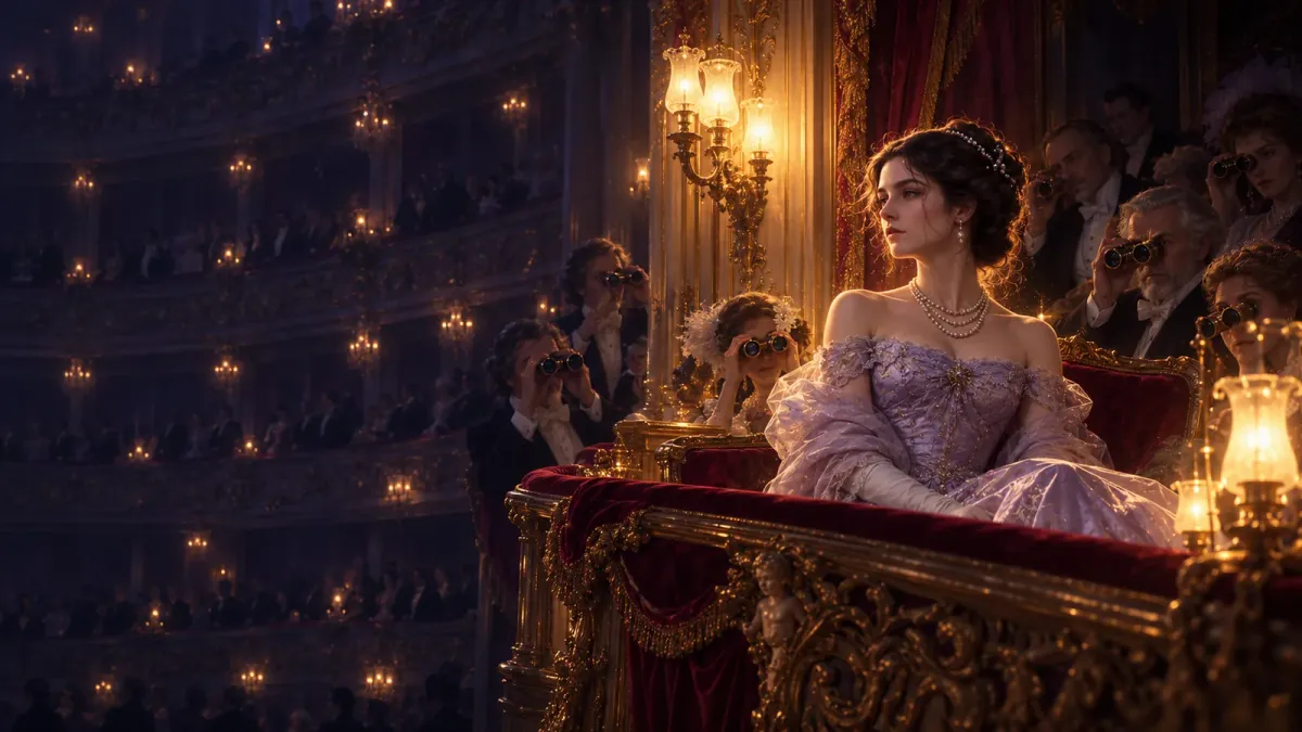 Anna Karenina istuu ylpeänä ja yksin Pietarin oopperan kullatussa aitiossa yllään vaaleanliila silkkipuku, kun yleisö kääntää teatterikiikarinsa häntä kohti.
