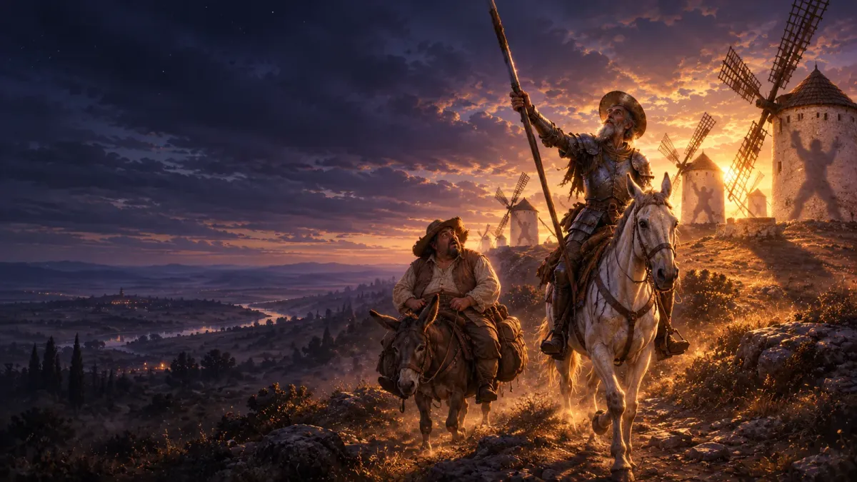 Don Quijote paikatussa haarniskassa ratsastaa laihalla hevosellaan mäkeä ylös peitsi kohotettuna kohti tuulimyllyjä, ja Sancho Panza seuraa aasilla.