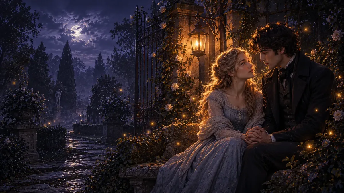 Yöllä rehevässä pariisilaispuutarhassa Cosette ja Marius istuvat lähekkäin sammaleisella kivipenkillä pitäen toisiaan kädestä ja katsoen toisiinsa.