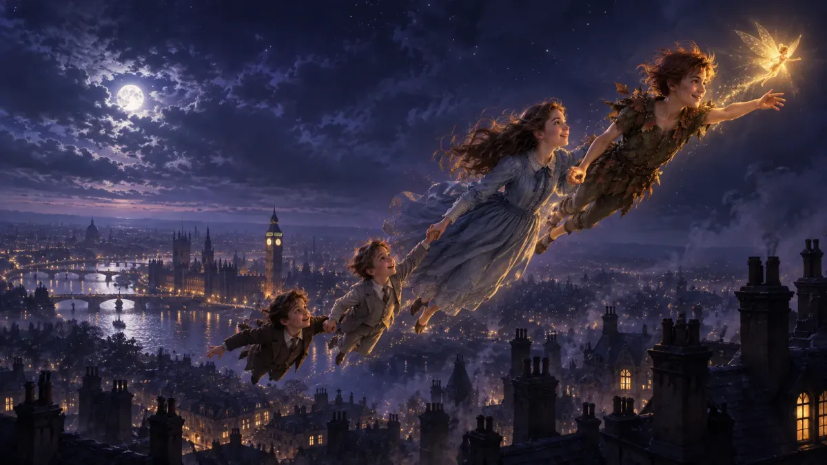 Peter Pan, Leena, Jukka ja Mikko lentävät käsi kädessä yöllä edvardiaanisen Lontoon savupiippujen yllä.