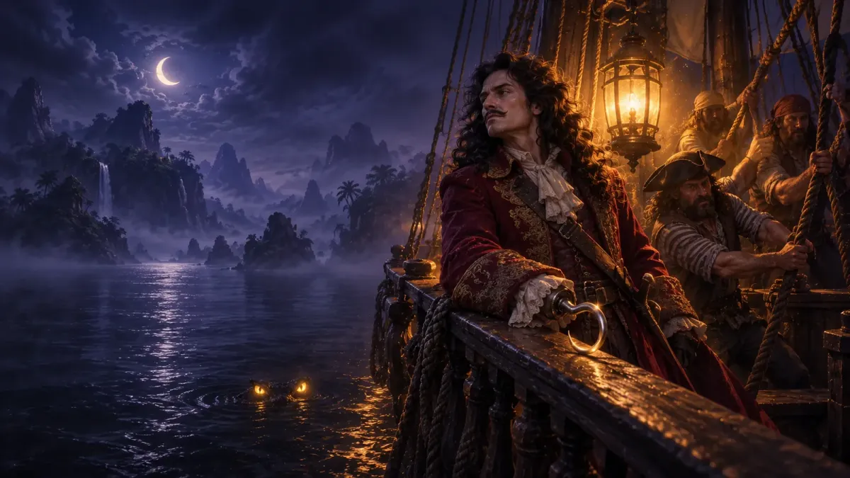 Kapteeni Koukku nojaa merirosvolaiva Jolly Rogerin kaiteeseen Mikä-Mikä-Maan lahdella samalla kun hänen merirosvonsa kiskovat köysiä hänen takanaan.