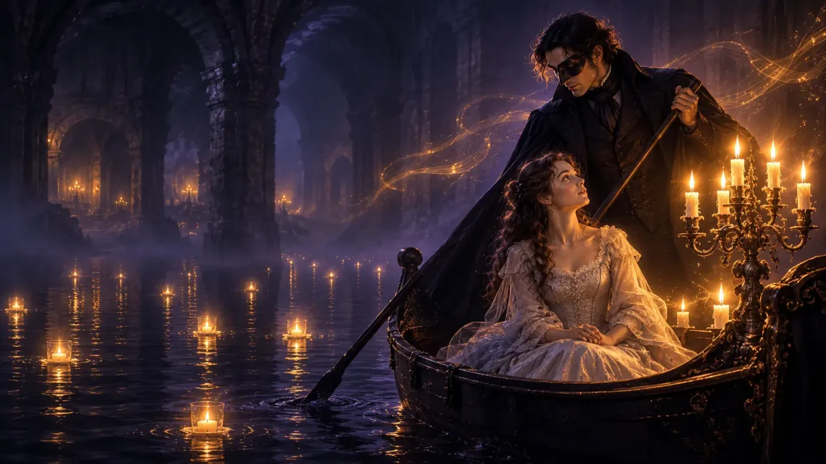 Vaaleanhopeiseen pukuun pukeutunut Christine Daaé seisoo pienessä veneessä, jota mustaan viittaan ja naamioon sonnustautunut Kummitus sauvoo usvaisella maanalaisella järvellä Pariisin oopperan alla.