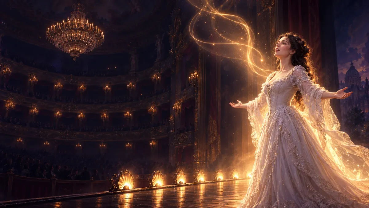 Nuori valkopukuinen laulajatar Christine Daaé laulaa yksin kädet levällään Pariisin oopperan suurella näyttämöllä.