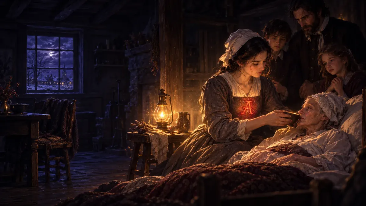 Köyhässä puritaanimökissä yöllä Hester Prynne polvistuu sairaan vanhan naisen vuoteen viereen ja pitää kuppia tämän huulilla perheen katsellessa.