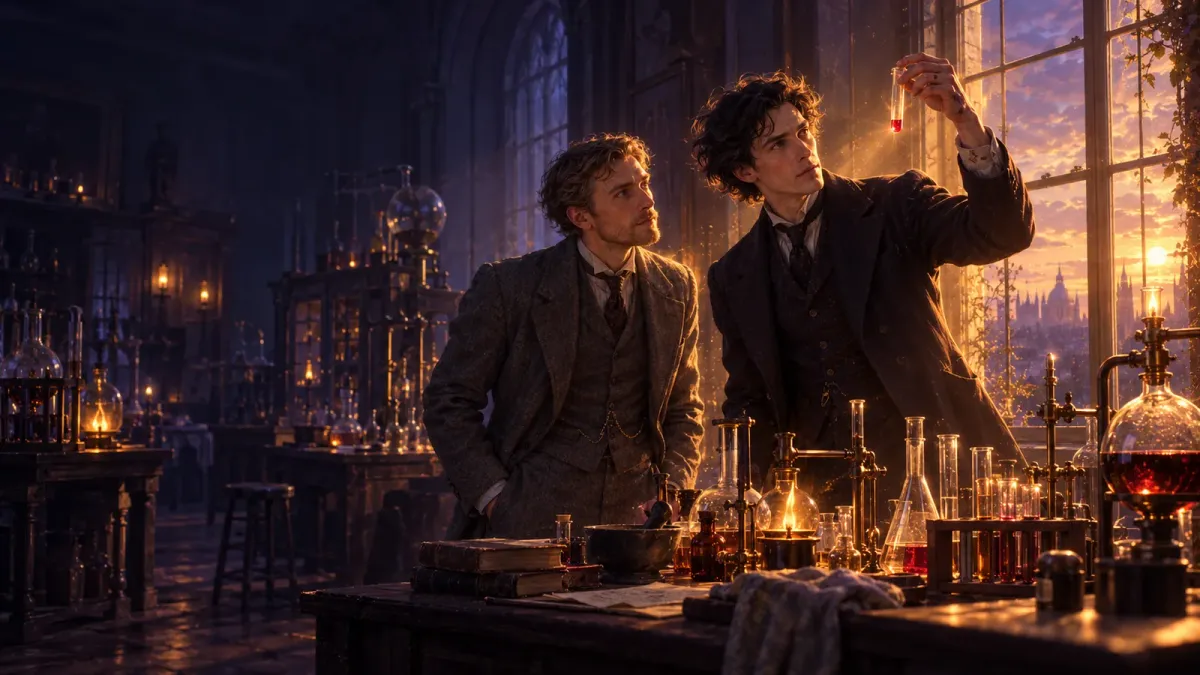 Korkeassa sairaalan laboratoriossa retorttien ja bunsenlamppujen keskellä Sherlock Holmes ponkaisee ylös pöydän äärestä ojentaen koeputkea tohtori Watsonille.