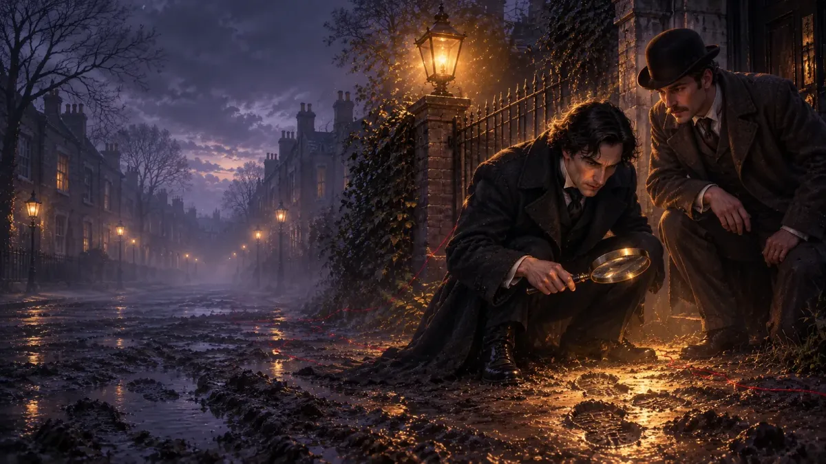 Sumuisena Lontoon päivänä Sherlock Holmes kyyristyy tyhjän brixtonilaistalon märälle savipolulle tutkimaan jalanjälkiä suurennuslasilla tohtori Watsonin seuratessa vieressä.