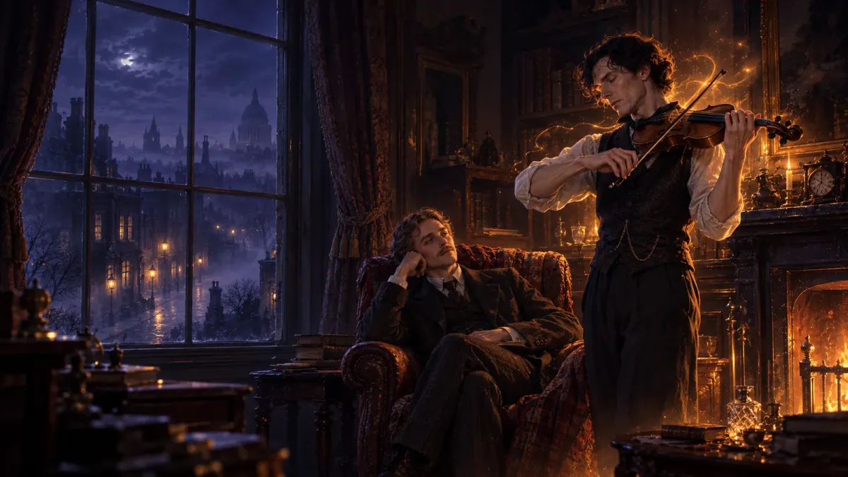Myöhään yöllä Baker Streetin kodikkaassa olohuoneessa Sherlock Holmes seisoo takan äärellä soittamassa viuluaan samalla kun tohtori Watson kuuntelee nojatuolissa.