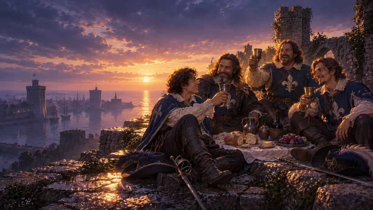 Raunioituneella kivilinnakkeella meren äärellä d'Artagnan, Athos, Porthos ja Aramis istuvat nauraen leivän ja viinin ääressä miekat vierellään.