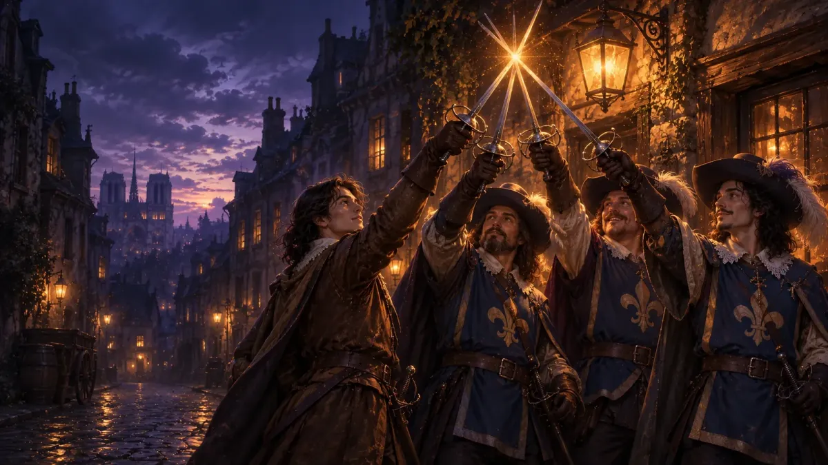Kapealla Pariisin kadulla nuori d'Artagnan sekä muskettisoturit Athos, Porthos ja Aramis kohottavat miekkansa ja lyövät ne yhteen.