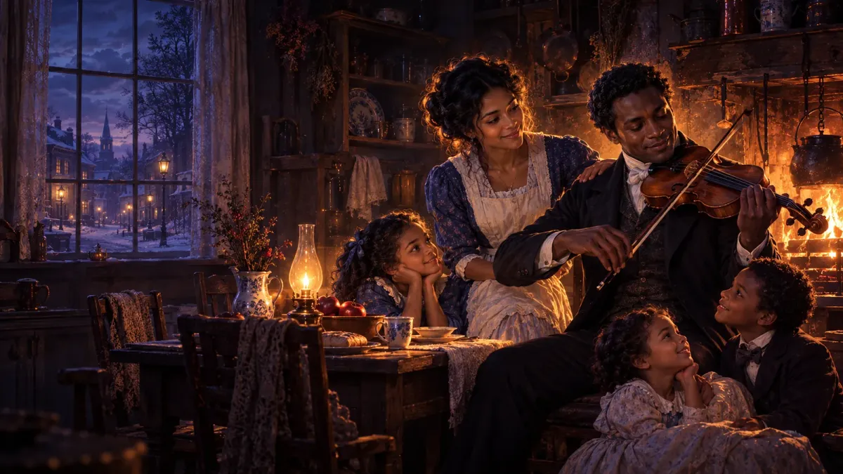 Lämpimässä keittiössä Saratoga Springsissä Solomon Northup soittaa viuluaan, kun hänen vaimonsa Anne ja pyhävaatteisiin puetut lapsensa hymyilevät vieressä.