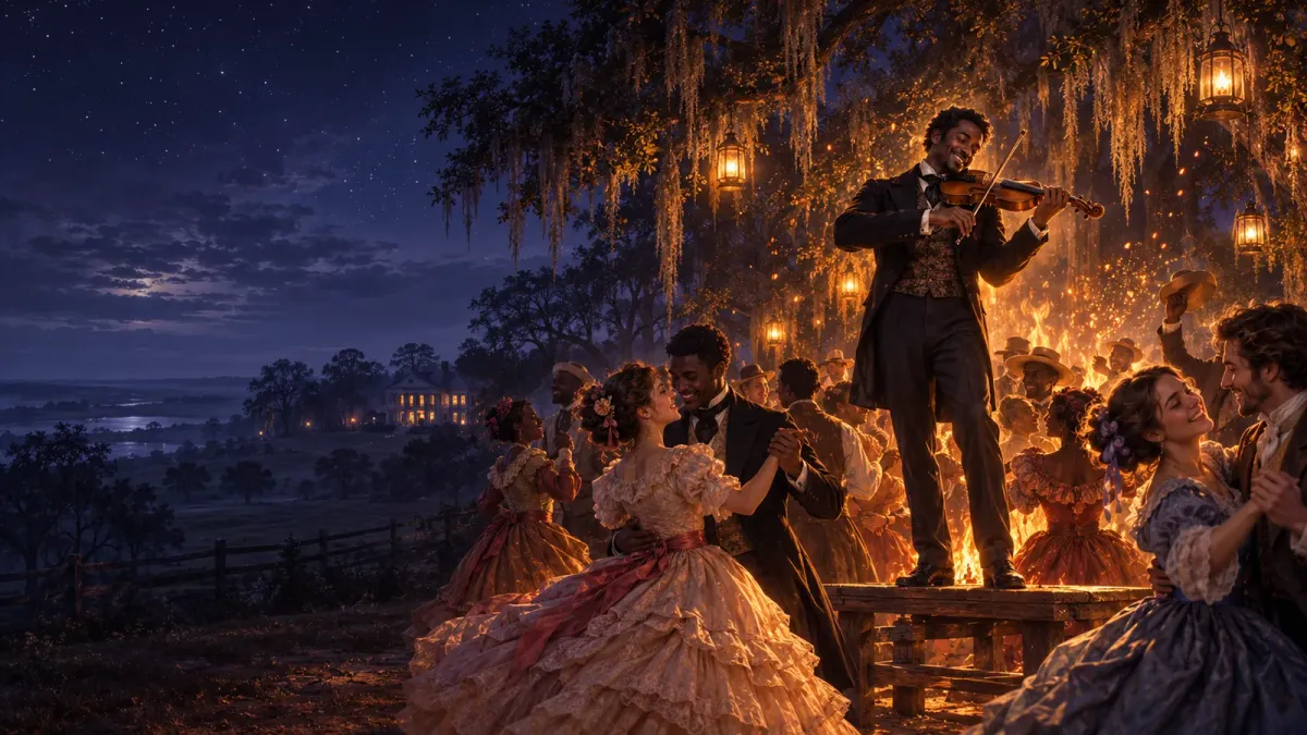Yöllisissä juhlatansseissa Louisianan plantaasilla Solomon Northup seisoo puupenkillä soittamassa viuluaan parien tanssiessa puiden alla.