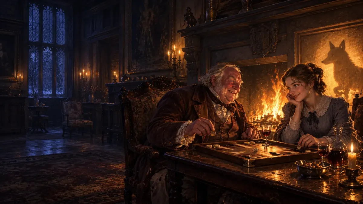 Queen's Crawleyn salissa vanha sir Pitt Crawley pelaa backgammonia takkatulen äärellä siistiin kotiopettajattaren pukuun pukeutuneen Becky Sharpin kanssa.